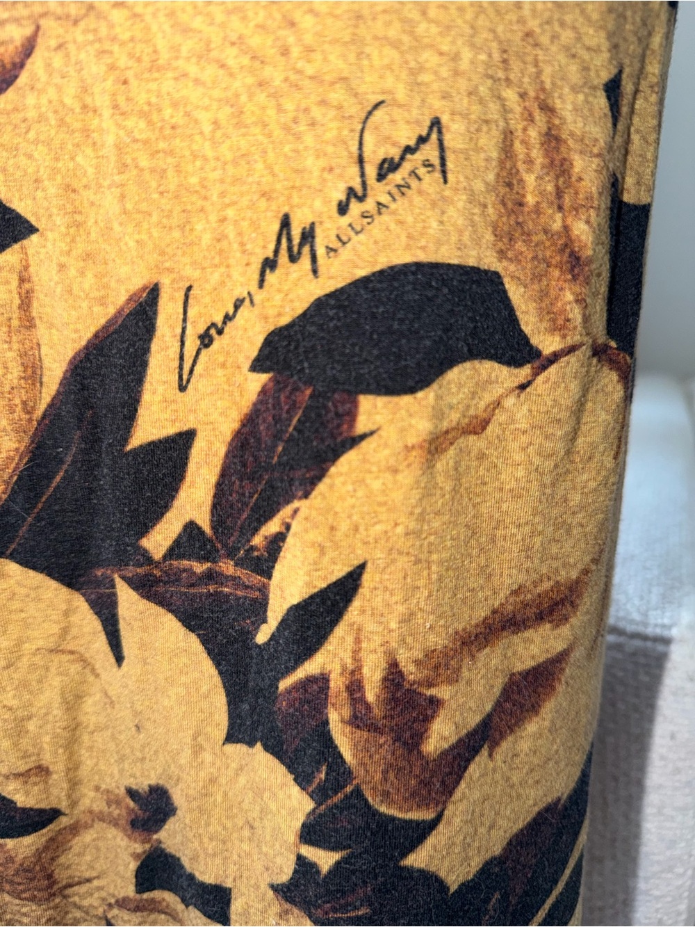AllSaints Mustard and Black Floral Maxi Dress with Tie Front - Picture 4 of 14